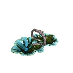 Vintage Leaf Handmade Candy Dish Ceramic Divided Trinket Dish Tree Branch Handle